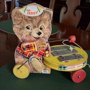 Fisher-Price vintage Teddy Bear Pull Toy with Xylophone - Yellow and Red